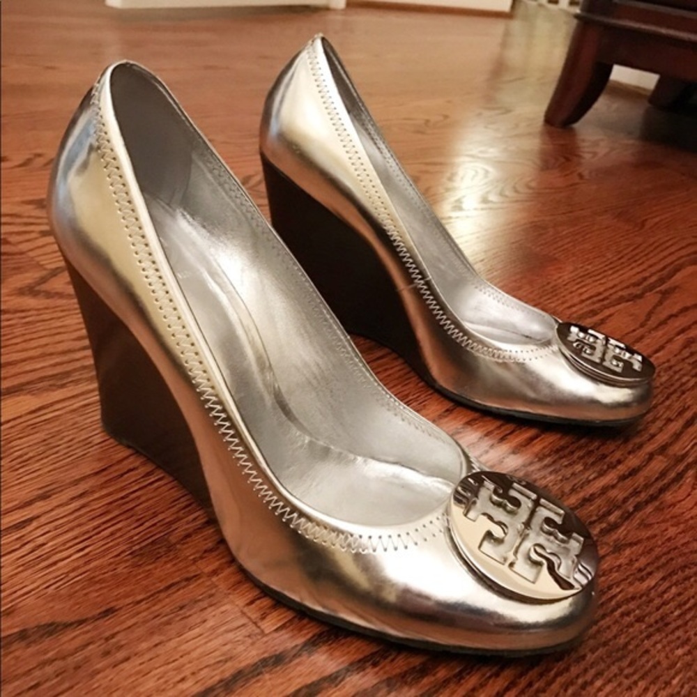 Tory Burch Metallic Silver Wedge Shoes